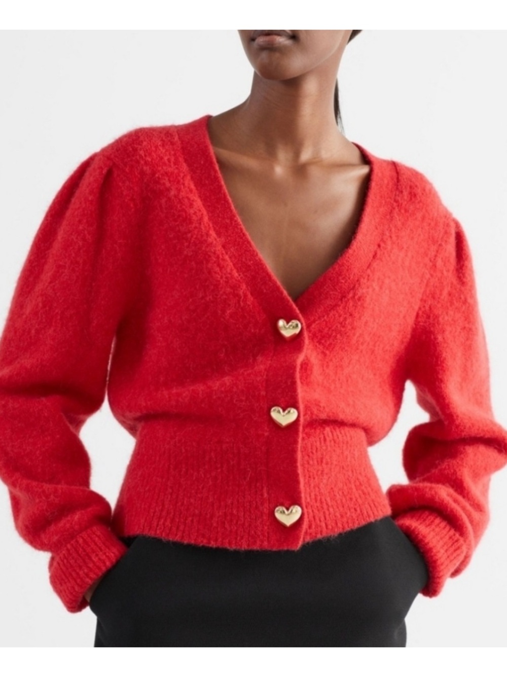 & Other Stories Gold Heart
Button Knit Red Wool Alpaca
Puff Sleeve Cardigan